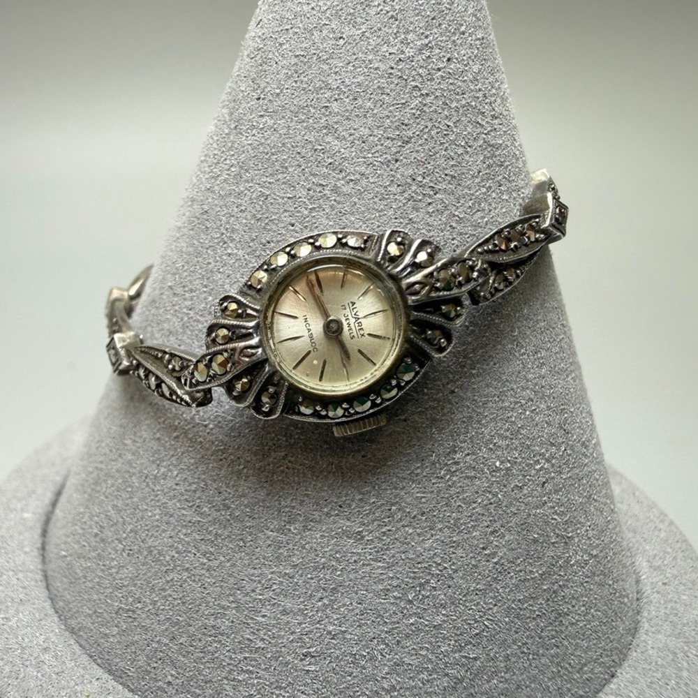 Vintage Alvarex Marcasite Watch 800 Silver Swiss Made 5.5" Untested READ